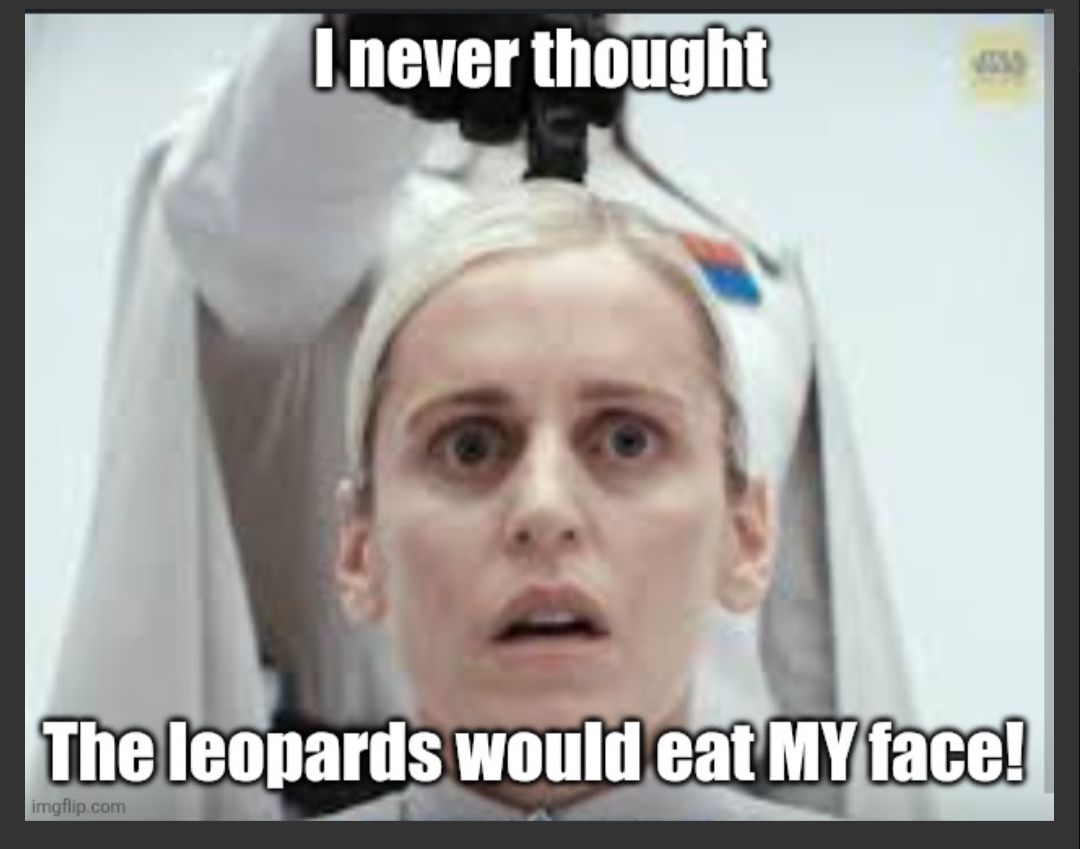 The meme is a photo of a woman with a shocked expression, and the text "I never thought I'd say this, but..." is overlaid on top of it. The punchline "I never thought I'd say this, but the leopard that just ate my face was not what I had in mind when I said 'I want to be a lion tamer'."